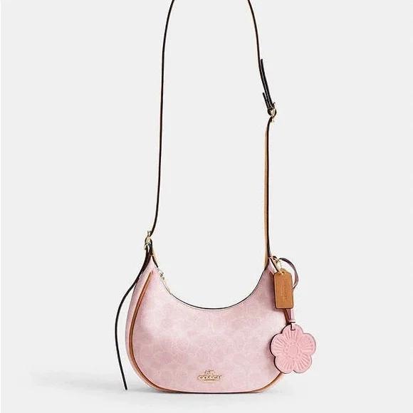 NWT Coach Pink Signature Canvas Hobo Shoulder Bag CDW86 with Flower Charm - Picture 9 of 11